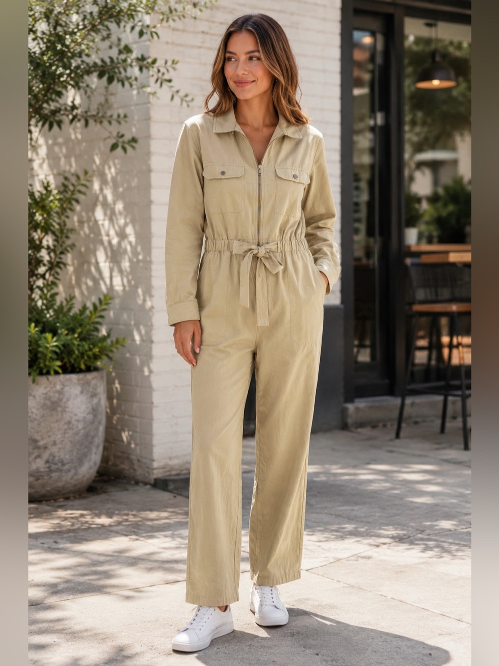 Paper Crane Khaki/Green Utility Jumpsuit Tie Waist Long Sleeve Medium